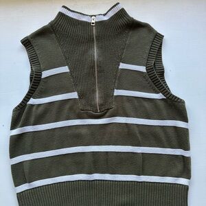 Talbots Women's Olive and White Striped Zip-Up Sweater Vest